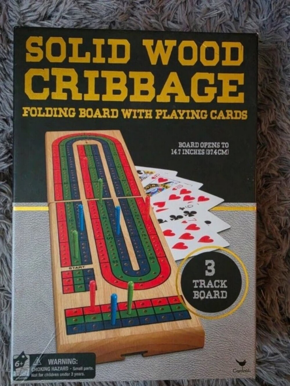 Cardinal Solid Wood Cribbage Folding Board Game 3-Track with Playing Cards